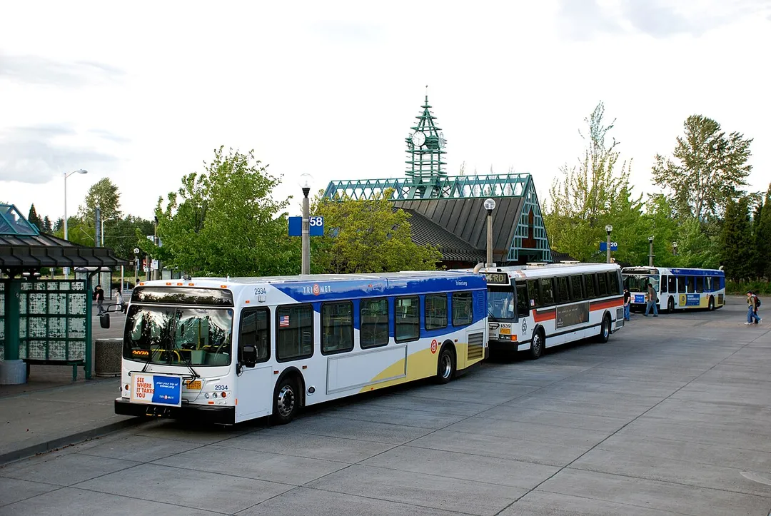 The southeast side of the bus loop at the Beaverton Transit Center of TriMet, the regional transit agency serving Portland, Oregon and surrounding areas. This transit center, located in central Beaverton, Oregon, opened in 1988 for buses, and later became served by light rail starting in 1998 and by commuter rail in 2009.
The buses shown are two 2009-built New Flyer D40LFRs and a 1994-built Flxible Metro. At the time of the picture, the D40LFR was TriMet's newest type of bus and the Flxible Metro was a common sight. Subsequently, TriMet's last Flxible Metros were retired in 2015, and the D40LFR is now TriMet's oldest model of bus still in service.