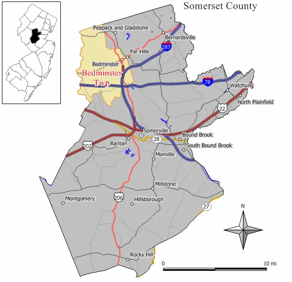 Map of Bedminster Township in Somerset County, New Jersey.