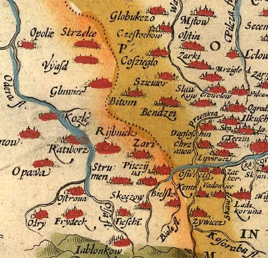 Map of Poland, researched and probably drawn by Wenceslaus Godreccius, printed by Abraham Ortelius in his Theatrum Orbis Terrarum in 1592 (first edited perhaps in 1578). An interesting feature are Polish names even outside the Polish Commonwealth, especially in Silesia.
