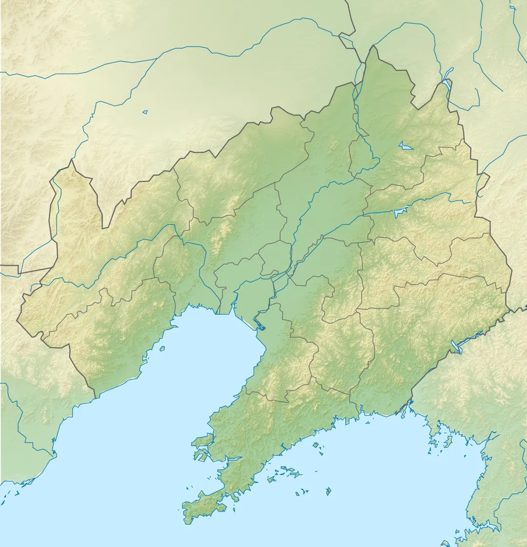 Location map of Liaoning, People's Republic of China
Equirectangular projection, N/S stretching 141 %. True scale parallel: 45°00' N.

Geographic limits of the map: 

N: 44.0° N
S: 38.5° N
W: 118.5° E
E: 126.0° E