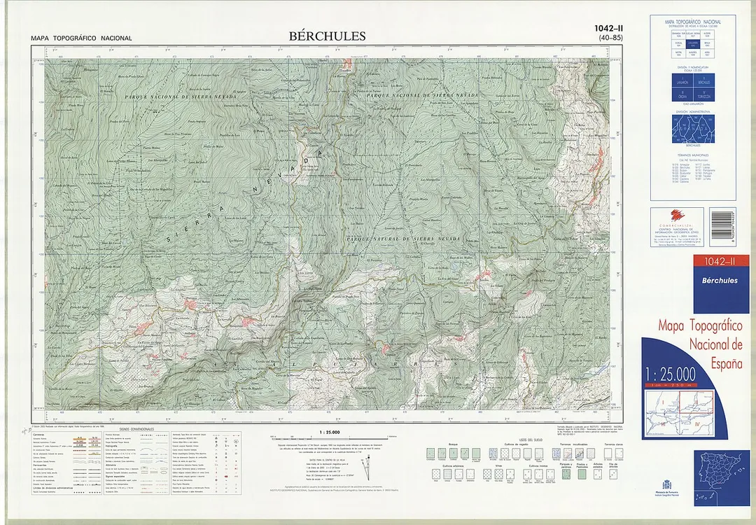 Fragment 1042c2 of the National Topographic Map of Spain in 2003 at a scale of 1:25000 printed and scanned with a resolution of 250 ppi. It shows Berchules.