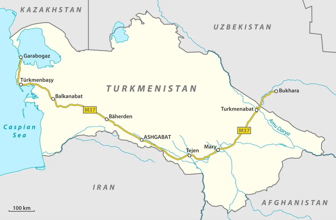 Map of the M37 highway in Turkmenistan