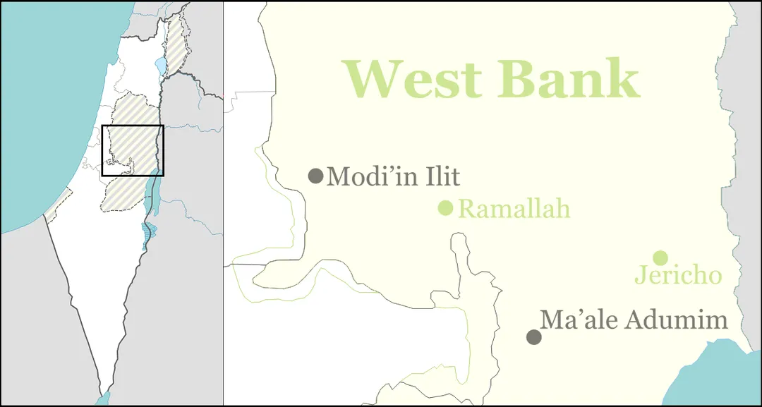 Location map for Israeli localities in the Binyamin Regional Council (Judea and Samaria Area) in the West Bank. Also for some other localities in the central WB, some in Megilot Regional Council.