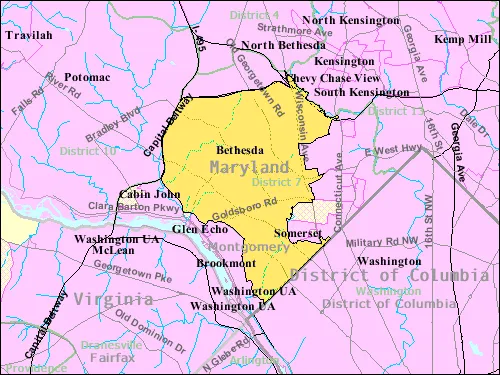 Boundaries of the Bethesda, Maryland, CDP as of 2003