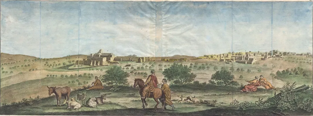A rare 1698 view of Bethlehem by Dutch artist Cornelius de Bruijin.  Depicts the city as well as the nearby herding grounds. Arab horsemen, loungers, and a hunting dog roam in the foreground.  This view was most likely rendered in secret during de Bruijin’s second world tour.  The Holy Land was then under the control of the Ottoman Empire who imposed strict limitations on pilgrims and tourist from Europe.  It is highly unlikely that de Bruijin would have been allowed to make sketches of the region openly.