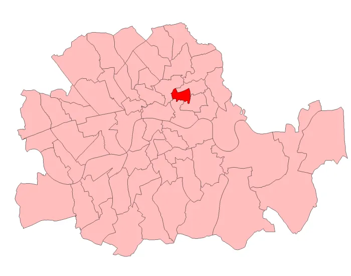 A map of Bethnal Green South West constituency within the London County Council area, as it existed from 1918 to 1949.