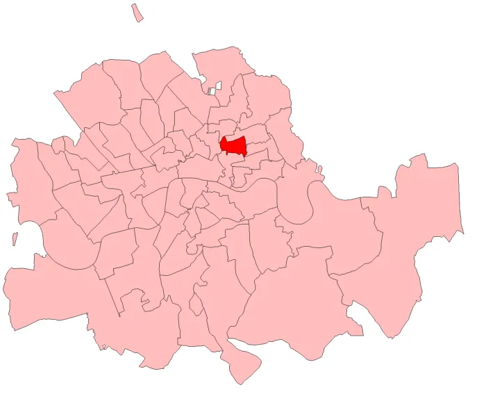 A map of Bethnal Green South West constituency within the Metropolitan Board of Works area, as it existed from 1885 to 1918.