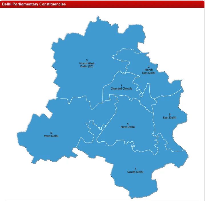 Political Map of Delhi (National Capital Territory of Delhi) showing Parliamentary constituencies as of 2009 elections.