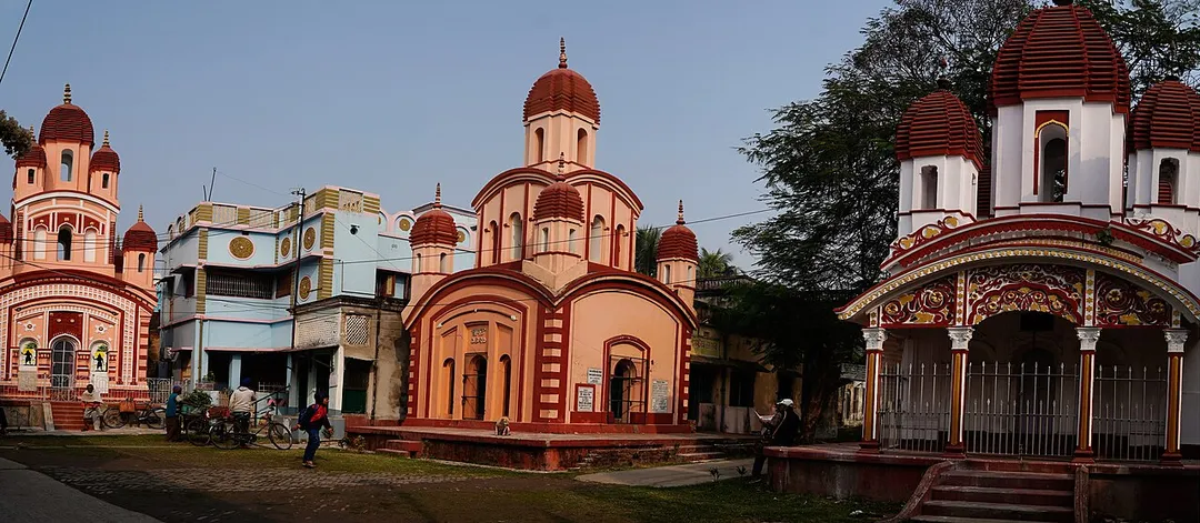 Panch Mandir premises at Bhatpara near Naihati in North 24 Parganas district, West Bengal. The 5 temples in the area are three Nine pinnacled temple (of which one has been modified into a five pinnacled temple), one five pinnacled temple near each other and a twin Aatchala temple at a distance.