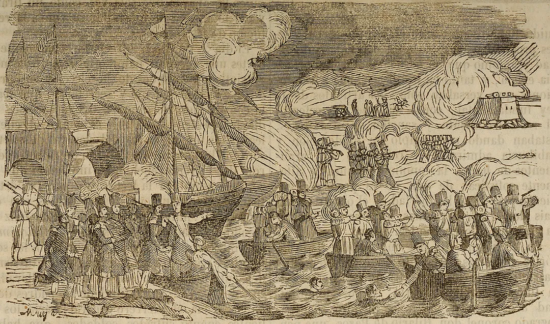 Baldomero Esparteroren tropak Lutxanako zubiaren aurka egindako erasoa Lehenengo Guda Karlistan, armada britainiarra eta espainiarra lagun zituela. (1836ko abenduraren 24) Irudia, xilografia modura erakutsia Panorama Españolen, 1849an