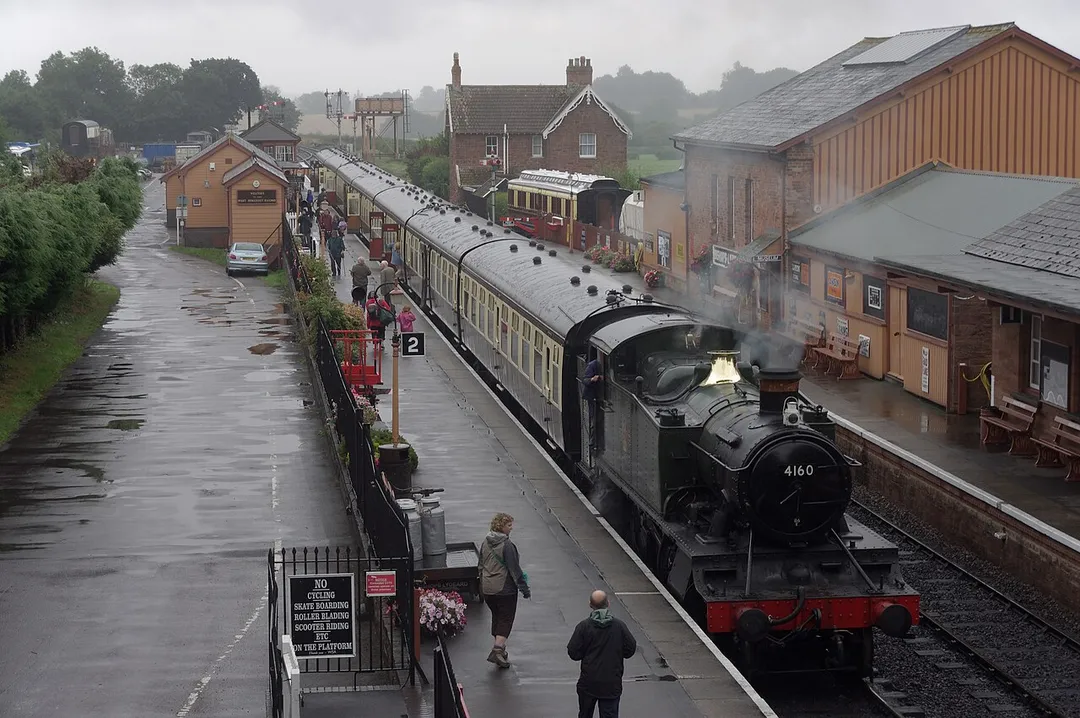 4160 stands at Bishops Lydeard on the West Somerset Railway, ready to depart for Minehead.