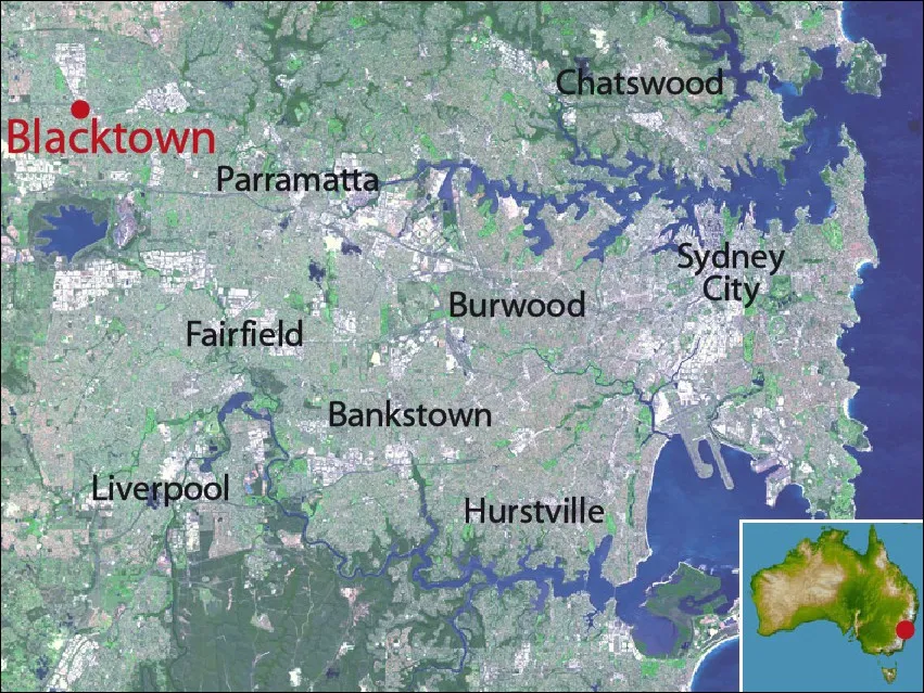 Map of Sydney, highlighting location of Blacktown, New South Wales