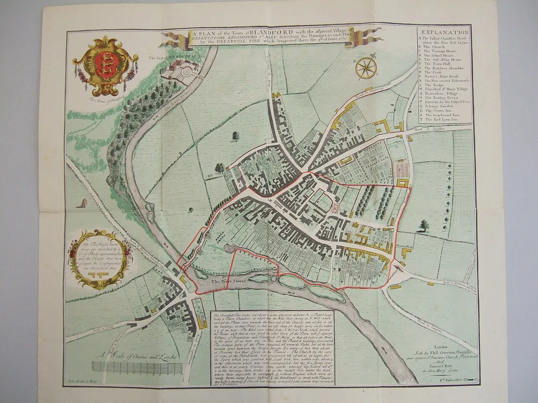 Plan of Blandford Forum showing parts of the town destroyed by the fire of 1731.