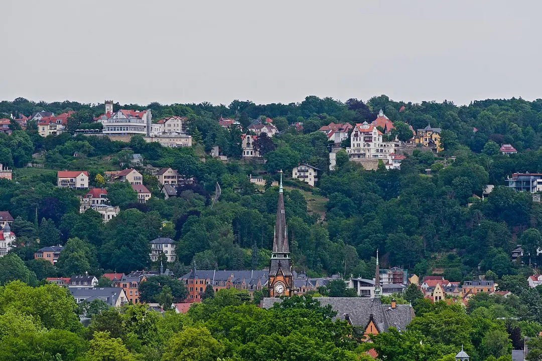 View from the Ernemann Tower at the Dresden Technical Collections, looking towards Blasewitz with the Church of the Holy Spirit and Loschwitz with the Luisenhof