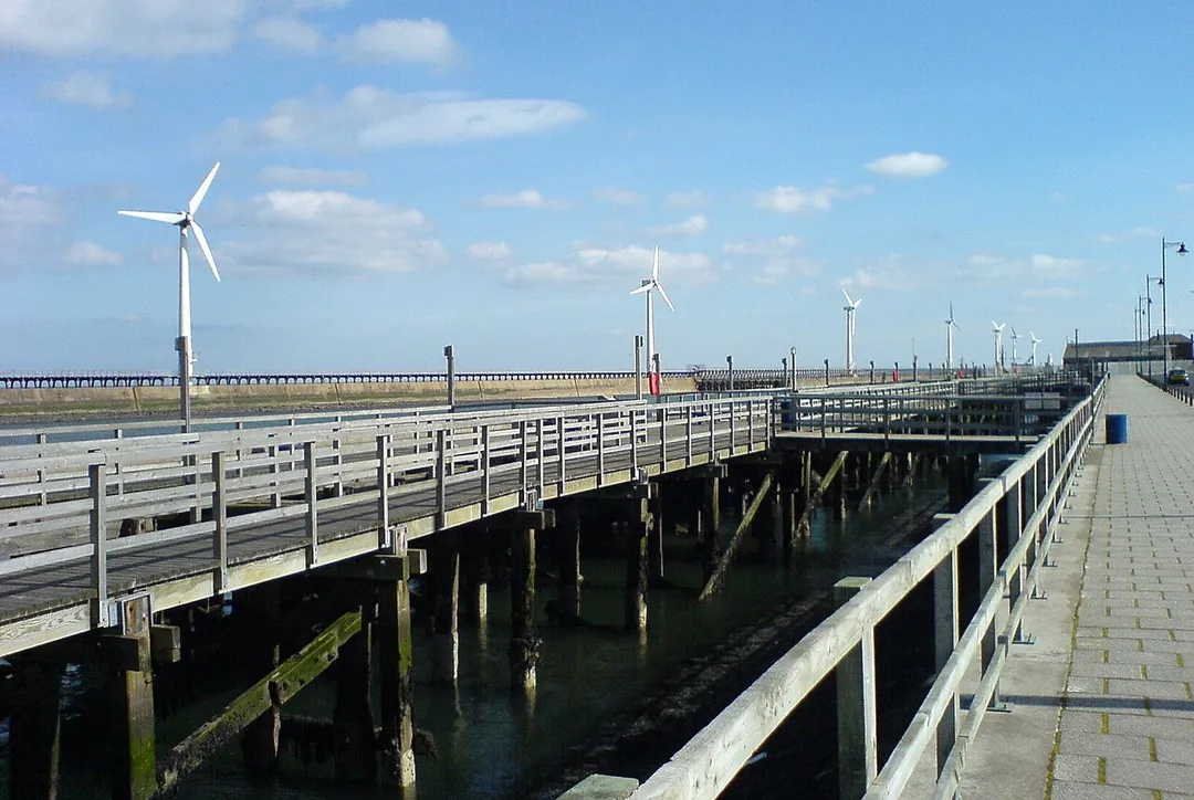 The Quayside and wind turbines at Blyth, Northumberland.