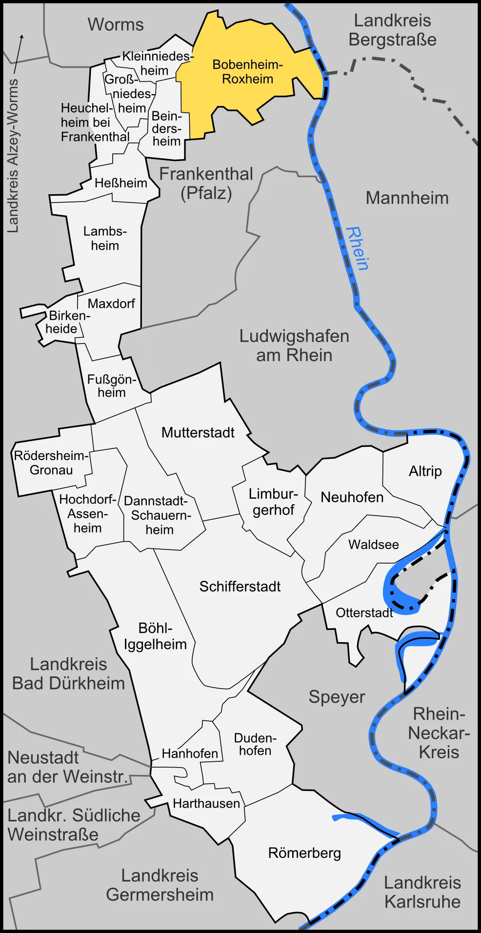 Karte der Gemeinde Bobenheim-Roxheim im Rhein-Pfalz-Kreis