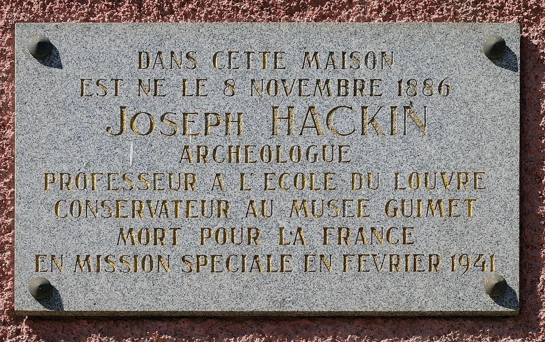 Plaque on the birth house of Joseph Hackin (1886-1941) in Boevange-Attert, Luxembourg.