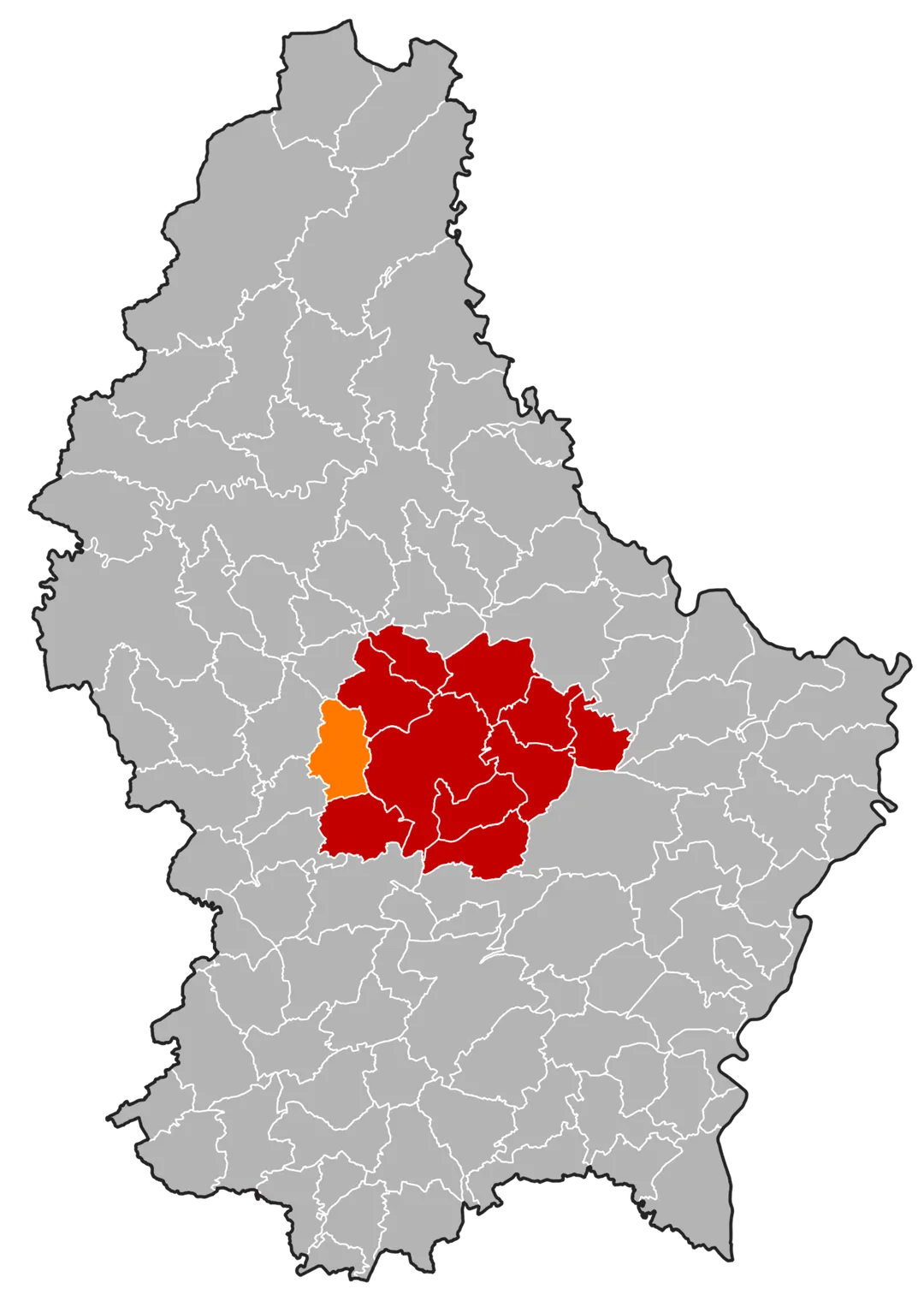 Map showing the location of the former Luxembourgish commune of Boevange-sur-Attert, with the commune in orange and the surrounding canton in red.