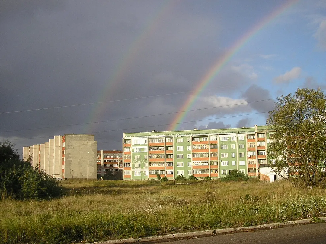 Rainbow over apartments. Bolderāja, Latvia.