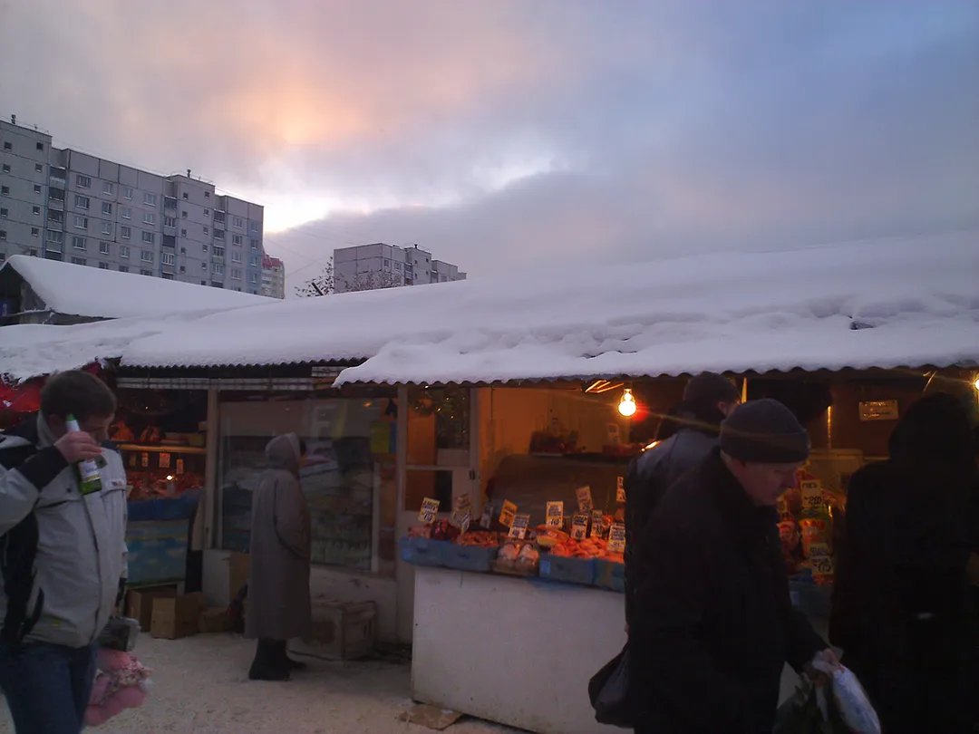 Winter market place at Bolshevo railway station in Koroljov (Moscow region). RF.