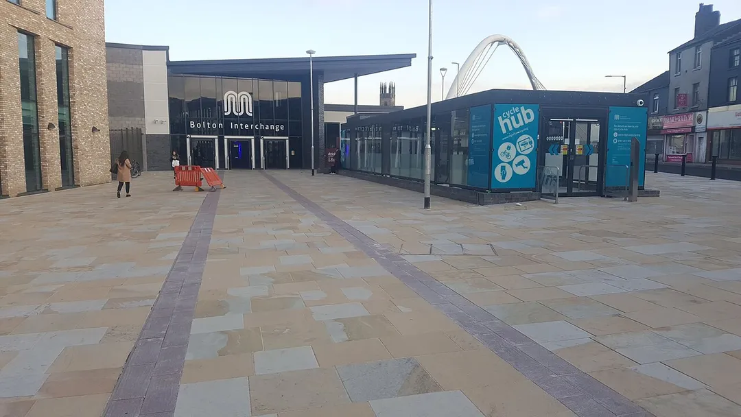The entrance to Bolton bus station.