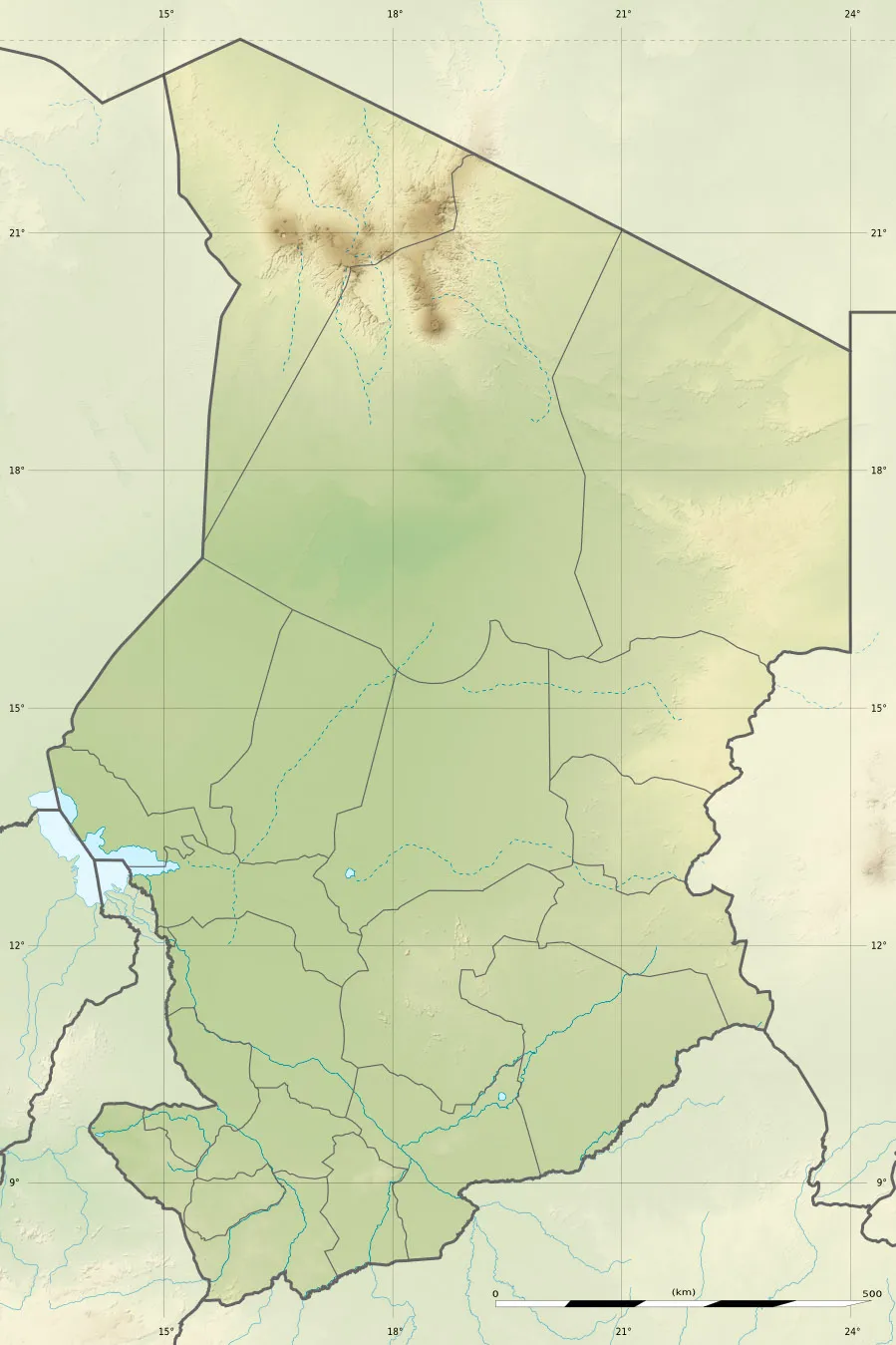 Blank physical map of Chad as since the 2008-02 reform of the Regions, for geo-location purposes.