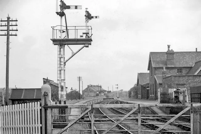 Boosbeck Station.
View NE, towards Brotton; ex-NER Middlesbrough - Guisborough - Brotton line. The station closed to passengers on 2/5/60, with the service from Middlesbrough being curtailed to Guisborough, but goods traffic continued through Boosbeck to Brotton until 12/9/64.