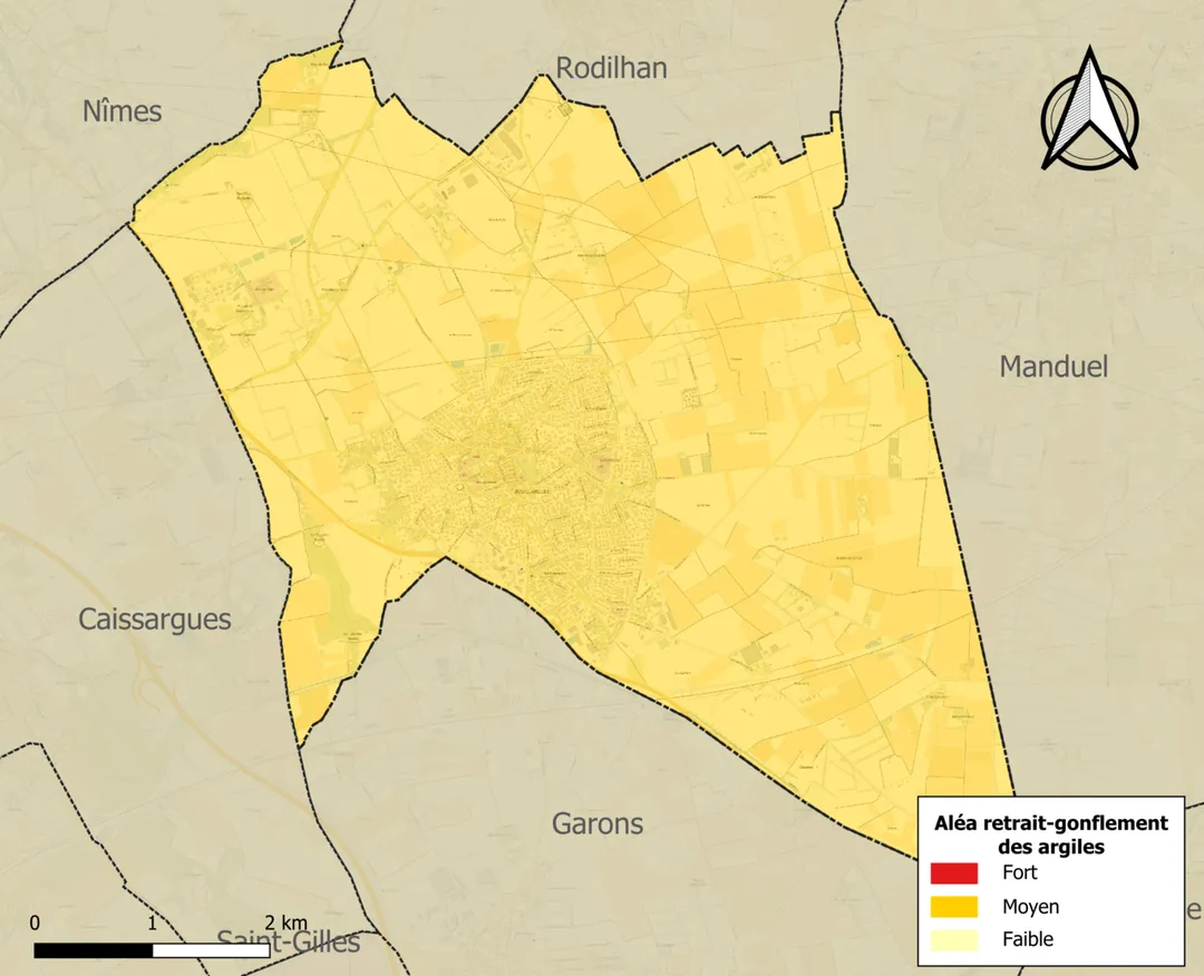 Carte de l'aléa retrait-gonflement des argiles sur la commune de fr:Bouillargues (France).