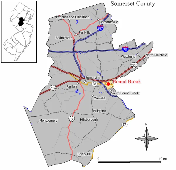 Original work by Jim Irwin, December, 2005.  Map of Bound Brook in Somerset County, New Jersey.