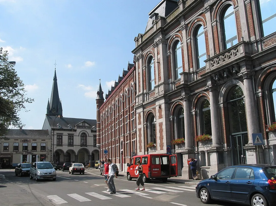 Boussu (Belgium), the communal house, the old orphanage, the First Instance Court and the St. Géry church.