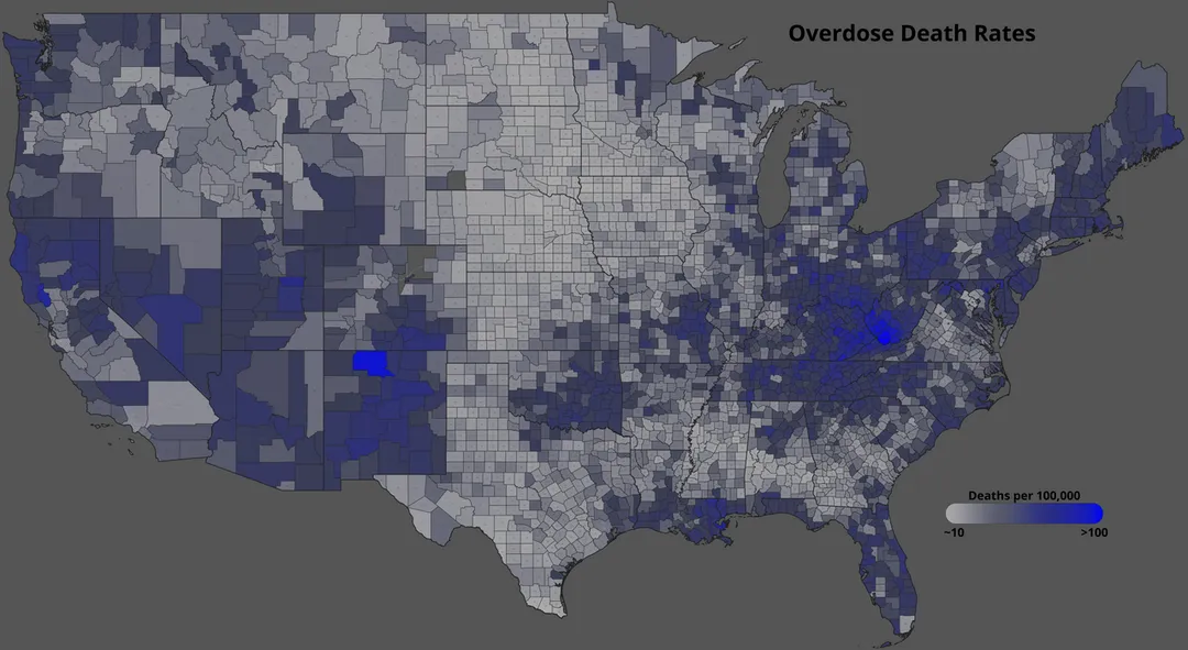Overdose death rates in the United States by County in 2021