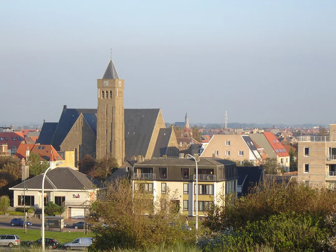 View on Bredene, as seen from the dunes. In front, Bredene-Duinen with de church of Saint Teresa. In the background, the old Bredene-Dorp, with the church of Saint Richarius. Bredene, West Flanders, Belgium