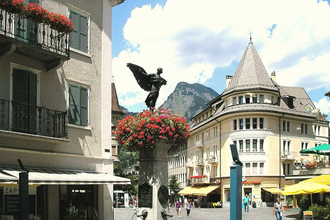 Centre of the City Brig-Glis in Switzerland. Riederhorn in the background.