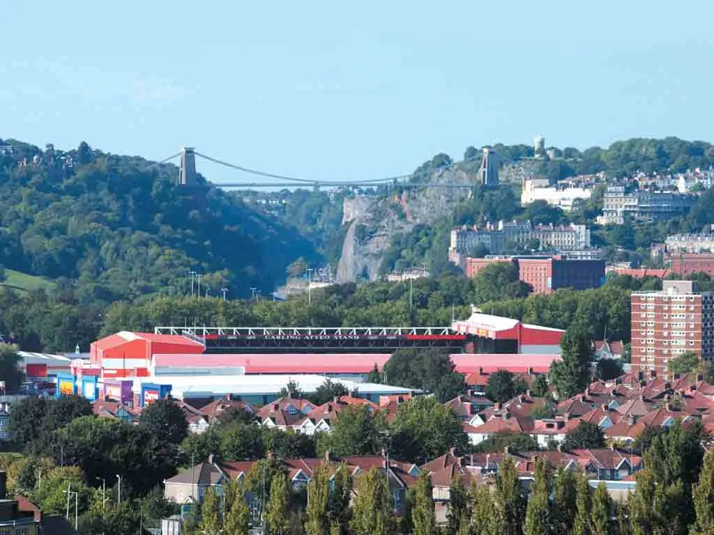 View over Bristol - Ashton Gate Stadium and the Clifton Suspension Bridge.