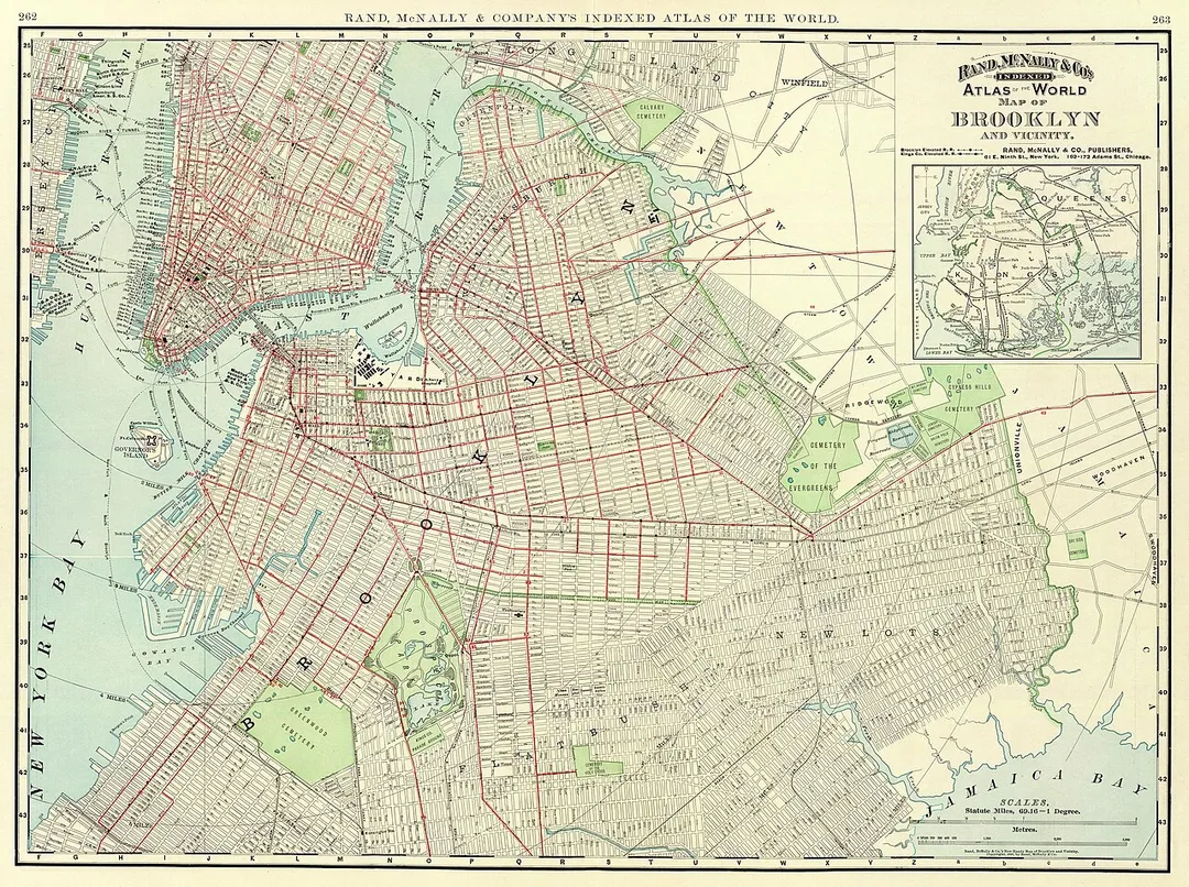 Map of Brooklyn and vicinity published by Rand McNally in 1897 as part of their Atlas of the World.