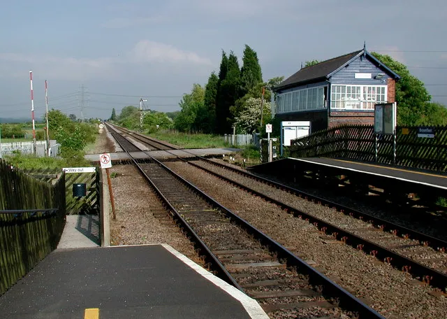 Broomfleet railway station, Broomfleet in the East Riding of Yorkshire, England.Looking southeast towards the signal box and manned level crossing on Carr Lane.