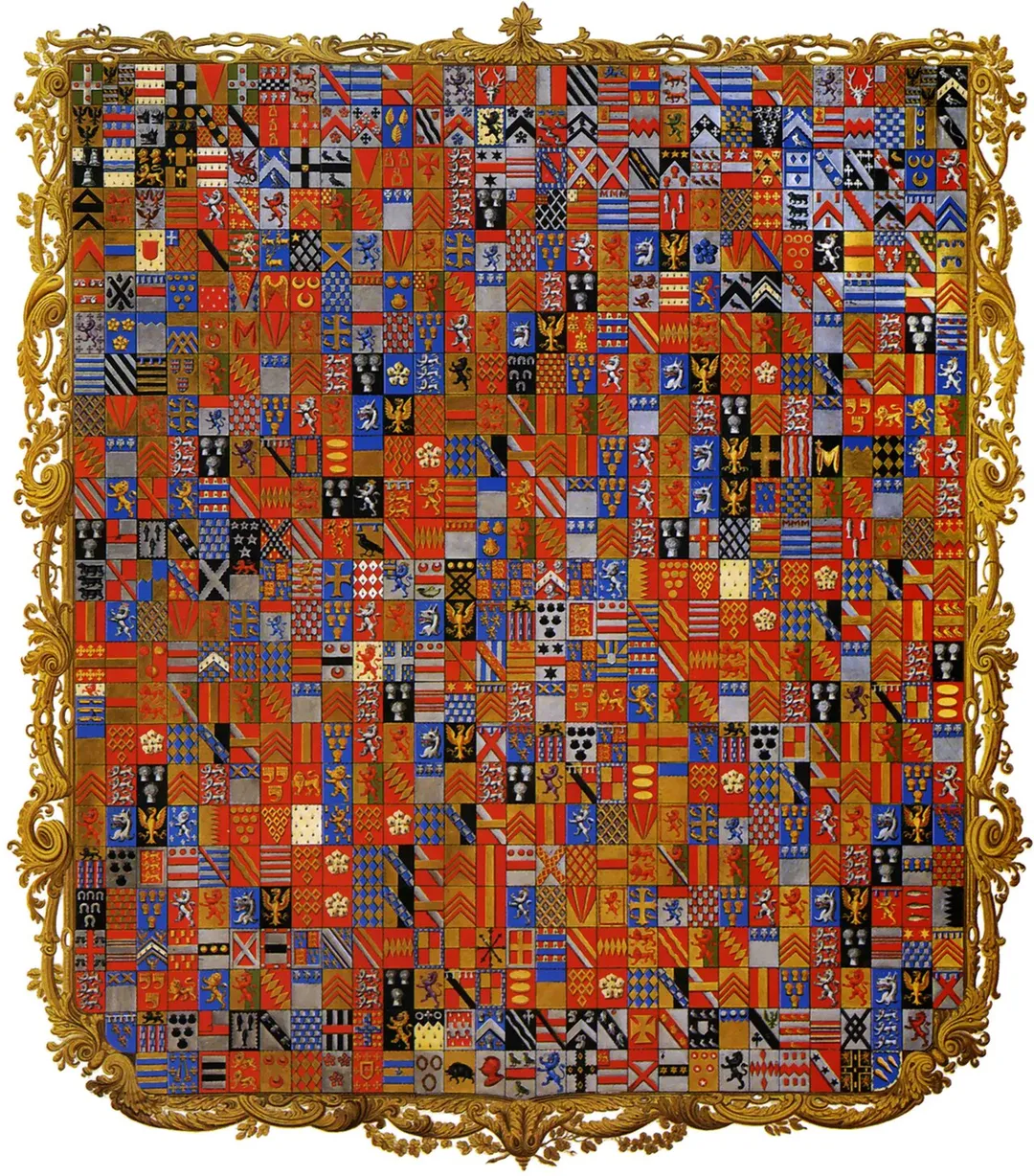 The Grenville Diptych was produced for Richard Temple-Grenville, Marquess of Chandos the son of the first Duke of Buckingham and Chandos between 1822 and 1839. The diptych shows 719 quarterings of the family. The left hand panel of the diptych lists the quarterings. These include ten variations of the English Royal arms, the arms of Spencer, De Clare, Valence, Mowbray, Mortimer, and De Grey, among others. This image is in the public domain.