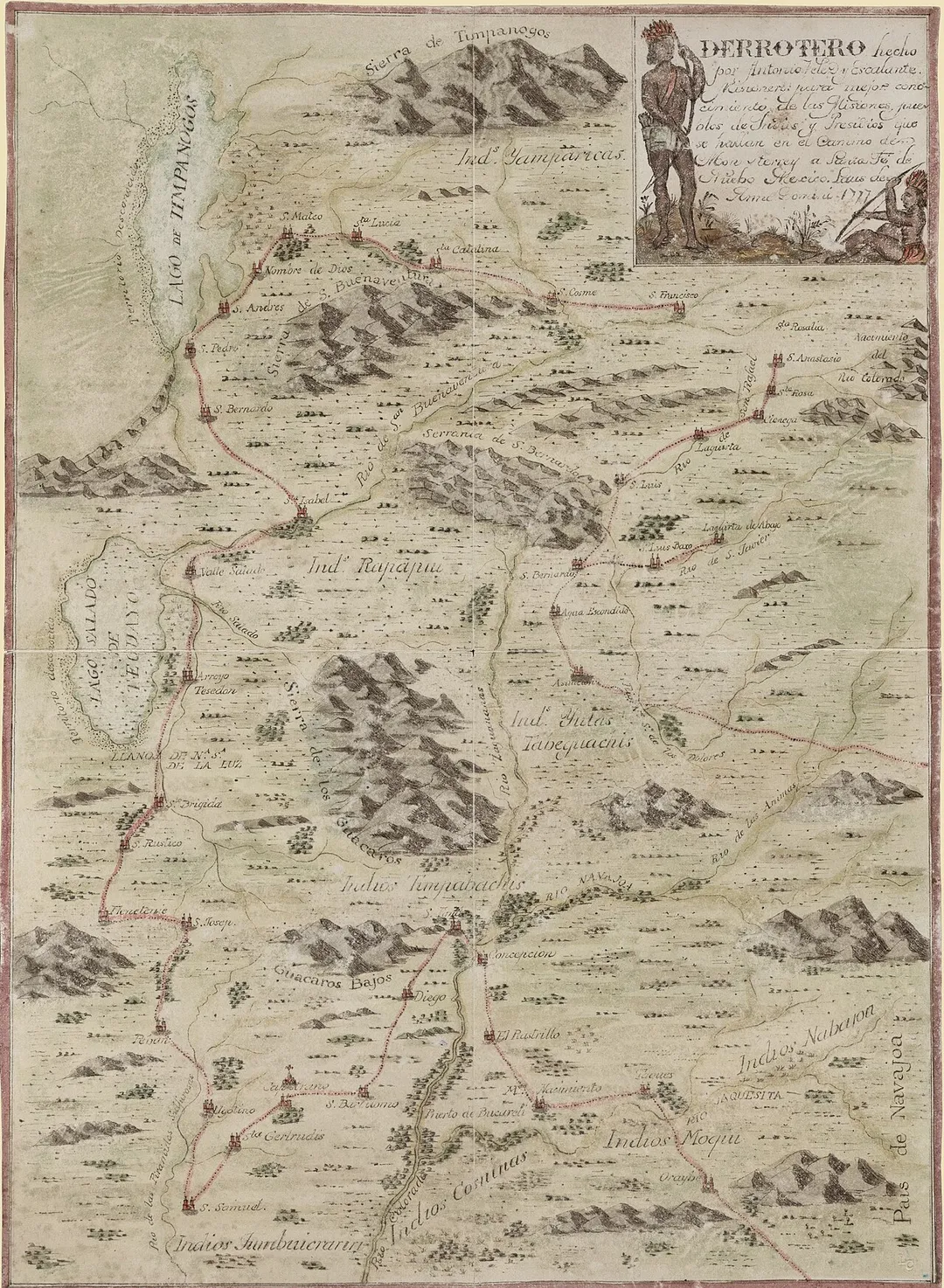 Escalante-dominguez expedition 1776, map, attributed by the Library of Congress to Antonio Vélez y Escalante, of the explored lands in today's Arizona and Utah. Original text: DERROTERO hecho por Antonio Vélez y Escalante, misionero para mejor conocimiento de las misiones, pueblos de indios y presidios que se hallan en el Camino de Monterrey a Santa Fe de Nuebo Mexico