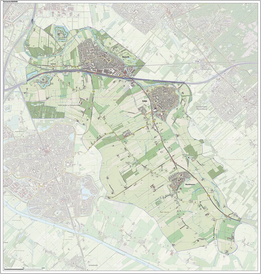 Topografische gemeentekaart. Resolutie: 400 pixels/km.
Kaartbeeld samengesteld uit de open geodata van de Top10NL en Top25namen (Kadaster), Creative Commons-BY licentie. Gebouwvlakken uit open geodata BAG extract. Wegen uit de OpenStreetMap, OpenStreetMap community. Reliëfschaduw uit de Actuele Hoogtekaart AHN2.

Samenstelling en kleurenschema: Jan-Willem van Aalst, met QGIS. Zie ook de Legenda.
