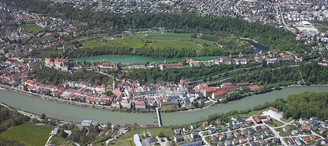 Aerial image of Burghausen and the Burghausen Castle viewed from the east