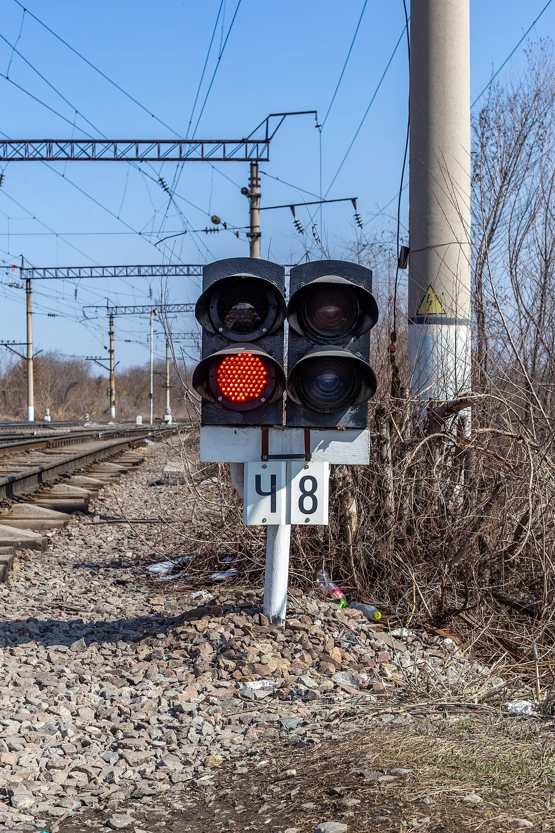 Even traffic light of the eights track. Burundai railway station. Boraldai, Almaty Region, Kazakhstan.