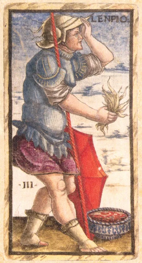 Lenpio (III) card from the Sola Busca tarot deck, created in Italy during the late 15th century