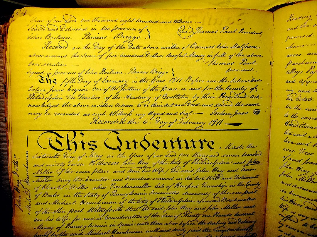 Deed to the Trustees of the Bustleton Academy (grantees), receive land for their school from Philadelphia and the state of Pennsylvania (grantors) - January 05, 1811. Photo of Deed Book IC-12 page 404 located in the City Archives of Philadelphia and is Public Information accessible to anyone and everyone. (this is page 2 of 2 and completes the above mentioned deed)
