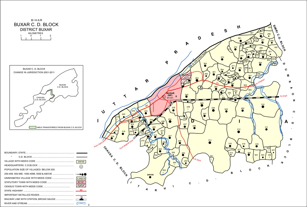 Map of Dumraon block, originally from the 2011 Census district handbook for Bihar.