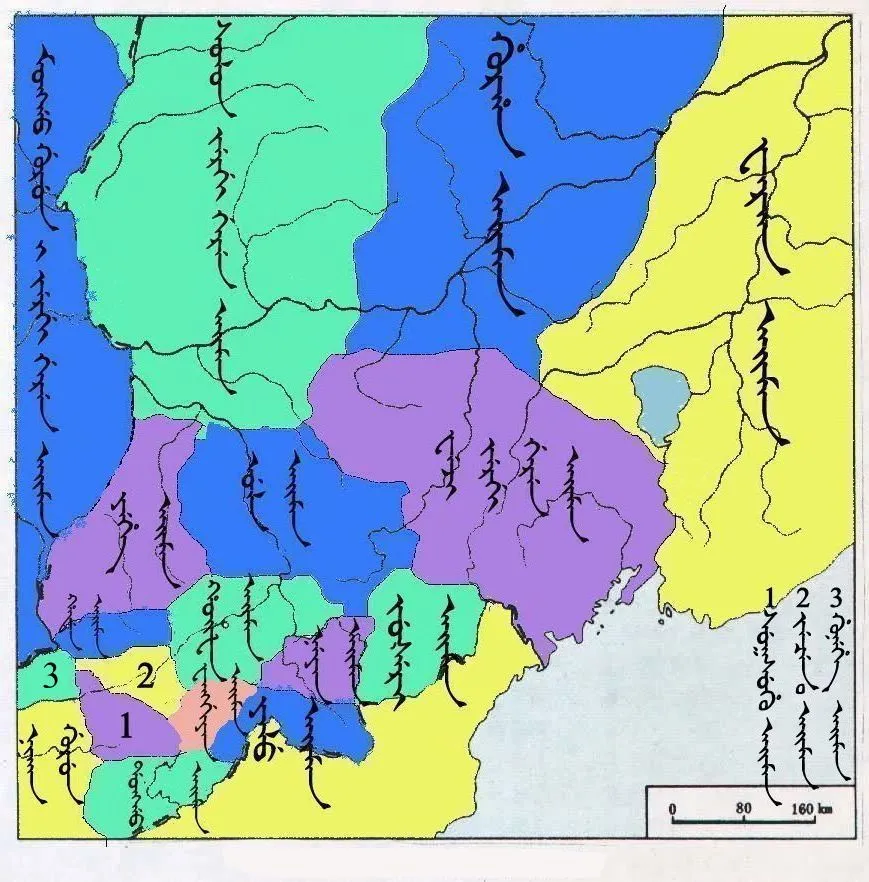 A map of the locations of Jurchen tribes in 1600s in Manchu language