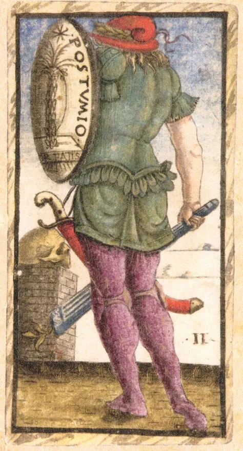 Postumio (II) card from the Sola Busca tarot deck, created in Italy during the late 15th century