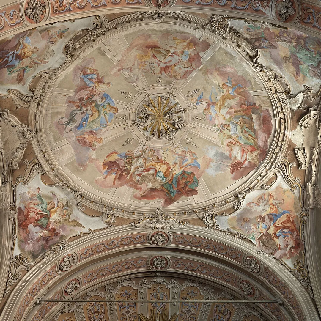 The painted dome of the chancel by Giovanni Verenini in the Santa Maria Assunta church in Solarolo , Manerba del Garda. Fresco of the Cardinal virtues. Frescos of the Four Evangelists in the pendentives.