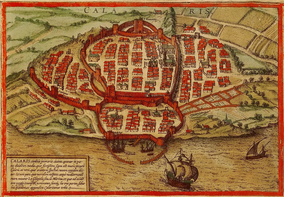 City of Cagliari, Sardinia
Braun und Hogenberg:"Civitates orbis terrarum", Köln 1572

Downloaded from http://historic-cities.huji.ac.il/italy/cagliari/maps/braun_hogenberg_I_50_1_b.jpg; This Work is PD because of its age.