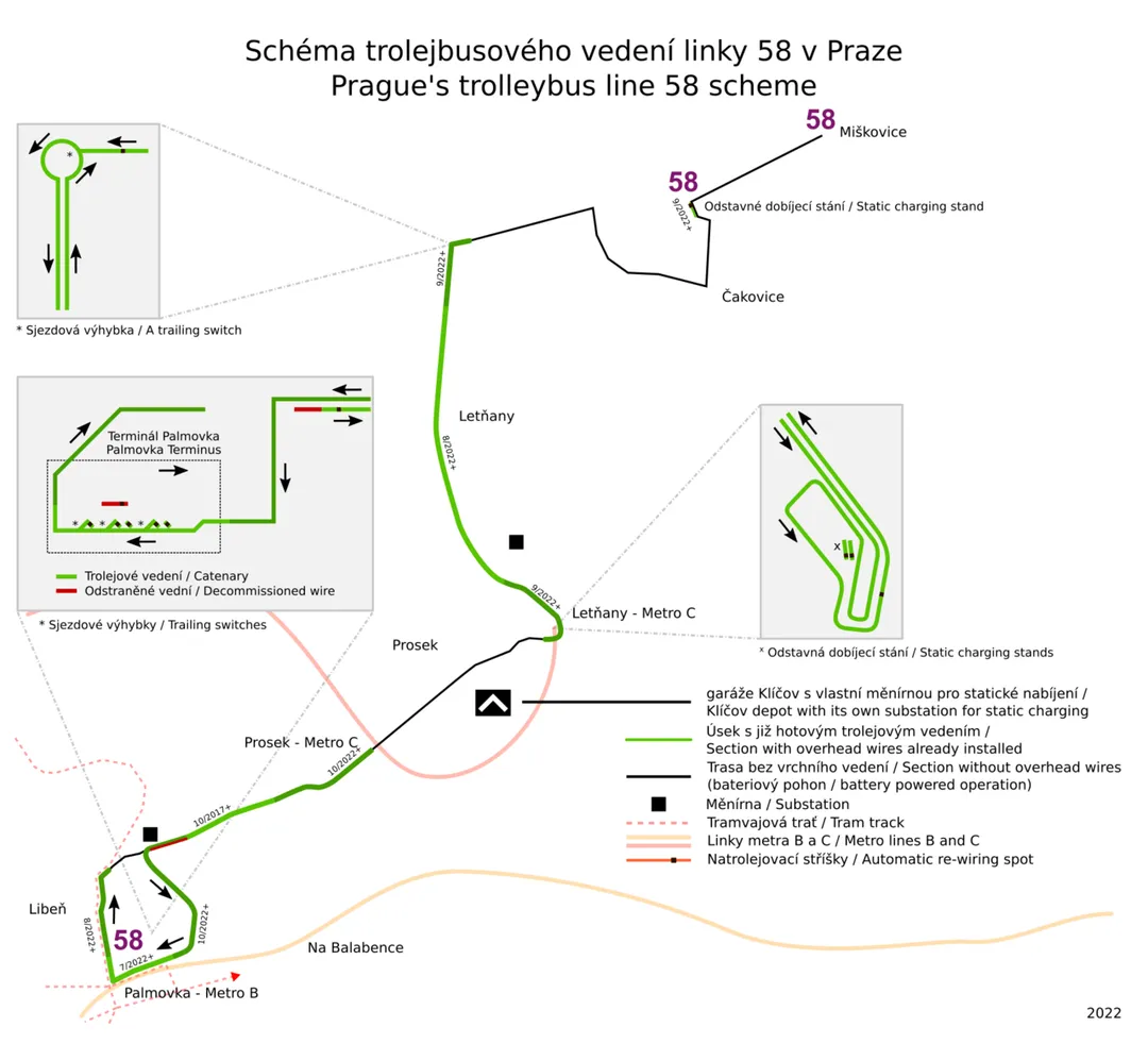 The scheme of Prague's trolleybus system.