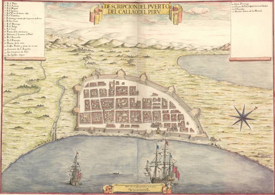 Callao, Hafenstadt in Peru. Darstellung aus dem Atlas des Marquis von Heliche.